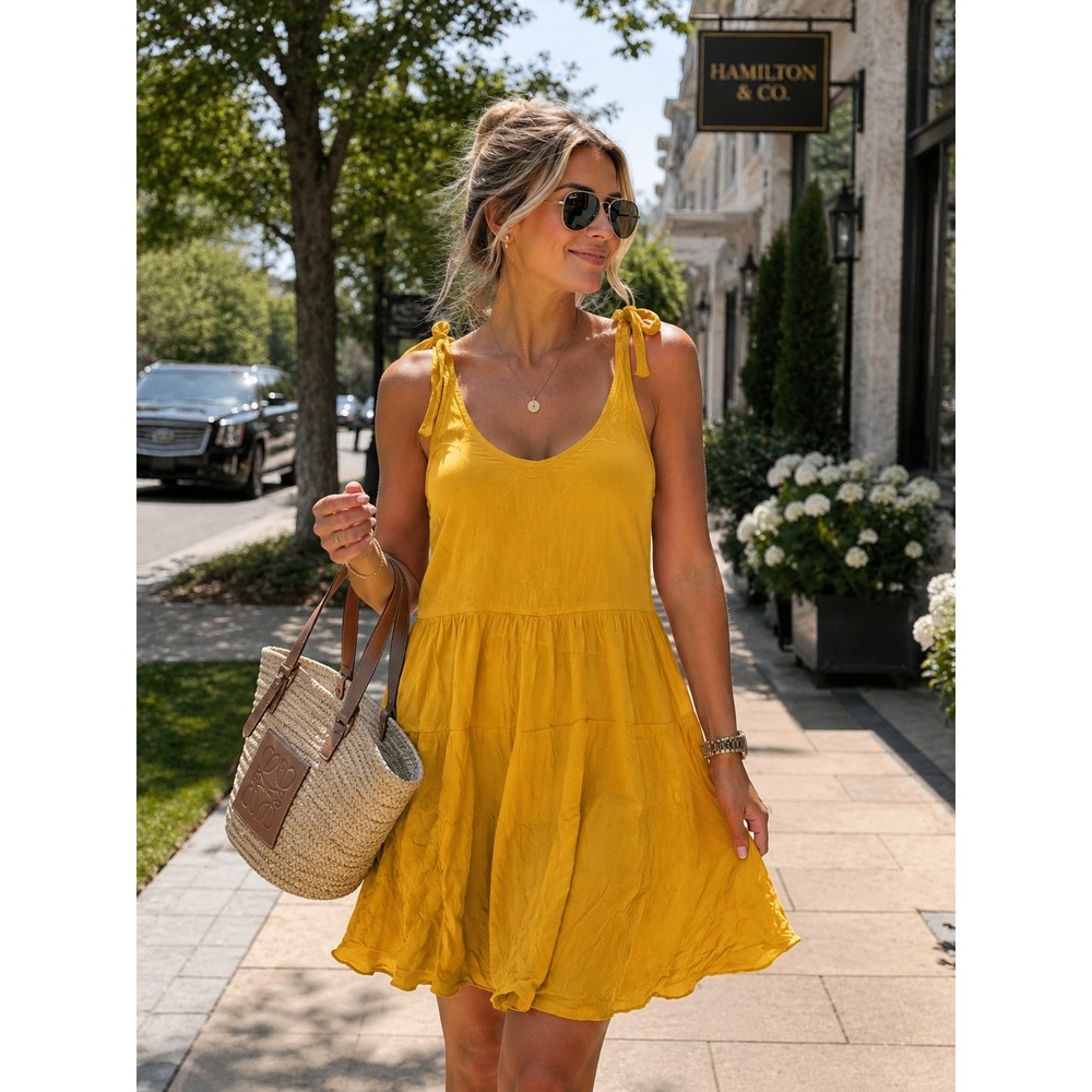 Forever 21 Babydoll Dress Womens Large Yellow Excellent Tie Shoulder Tiered Mini
